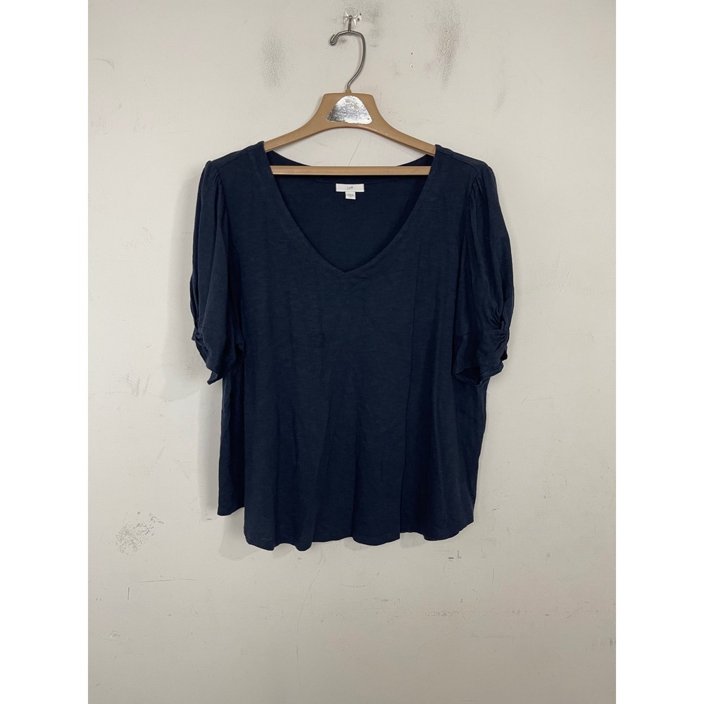 J. Jill Womens Navy Blue Slub Knit V-Neck Puff Sleeve Top XL 291451 - Picture 1 of 9
